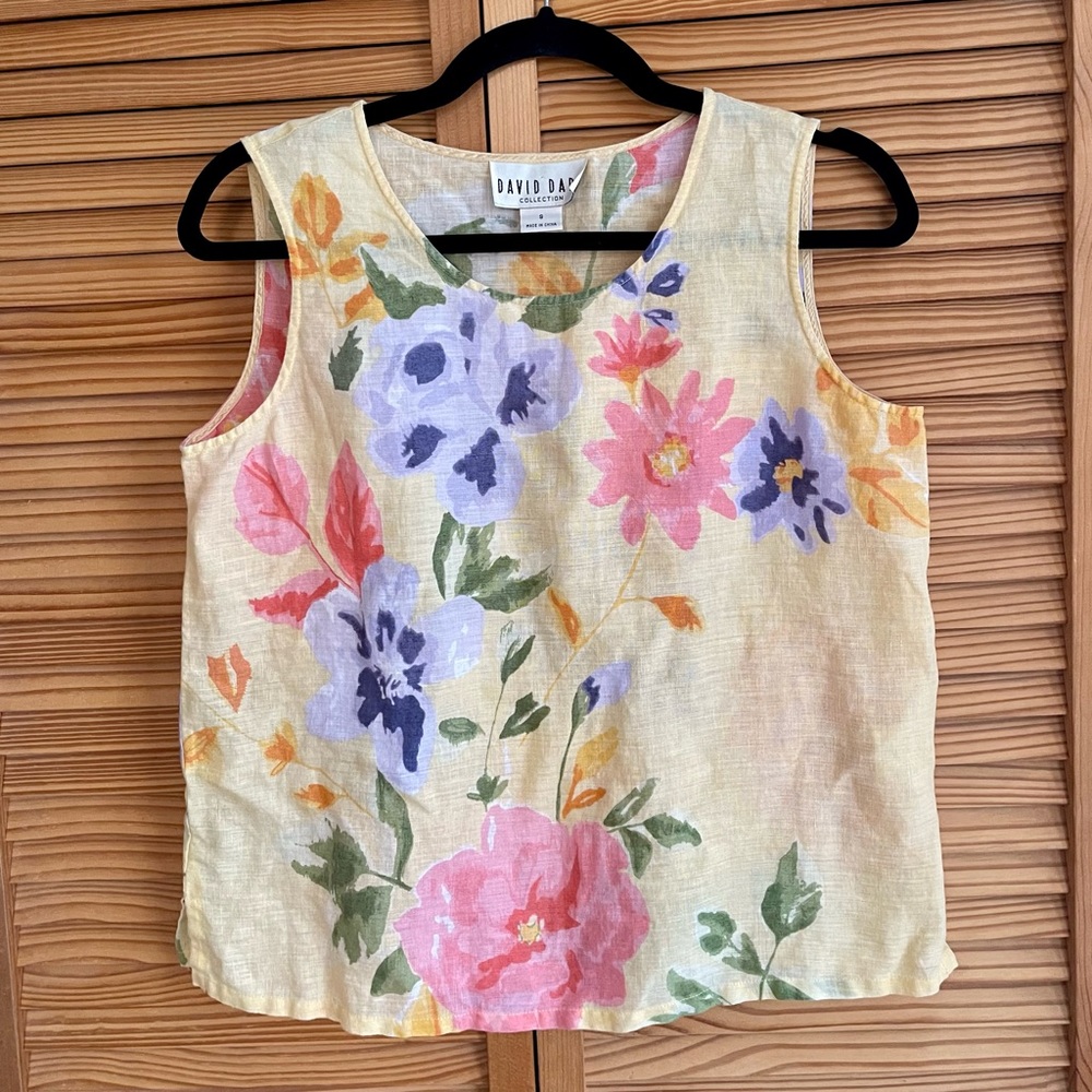 David Dart Floral Colorful Sleeveless Tank Blouse Top, 100% Linen